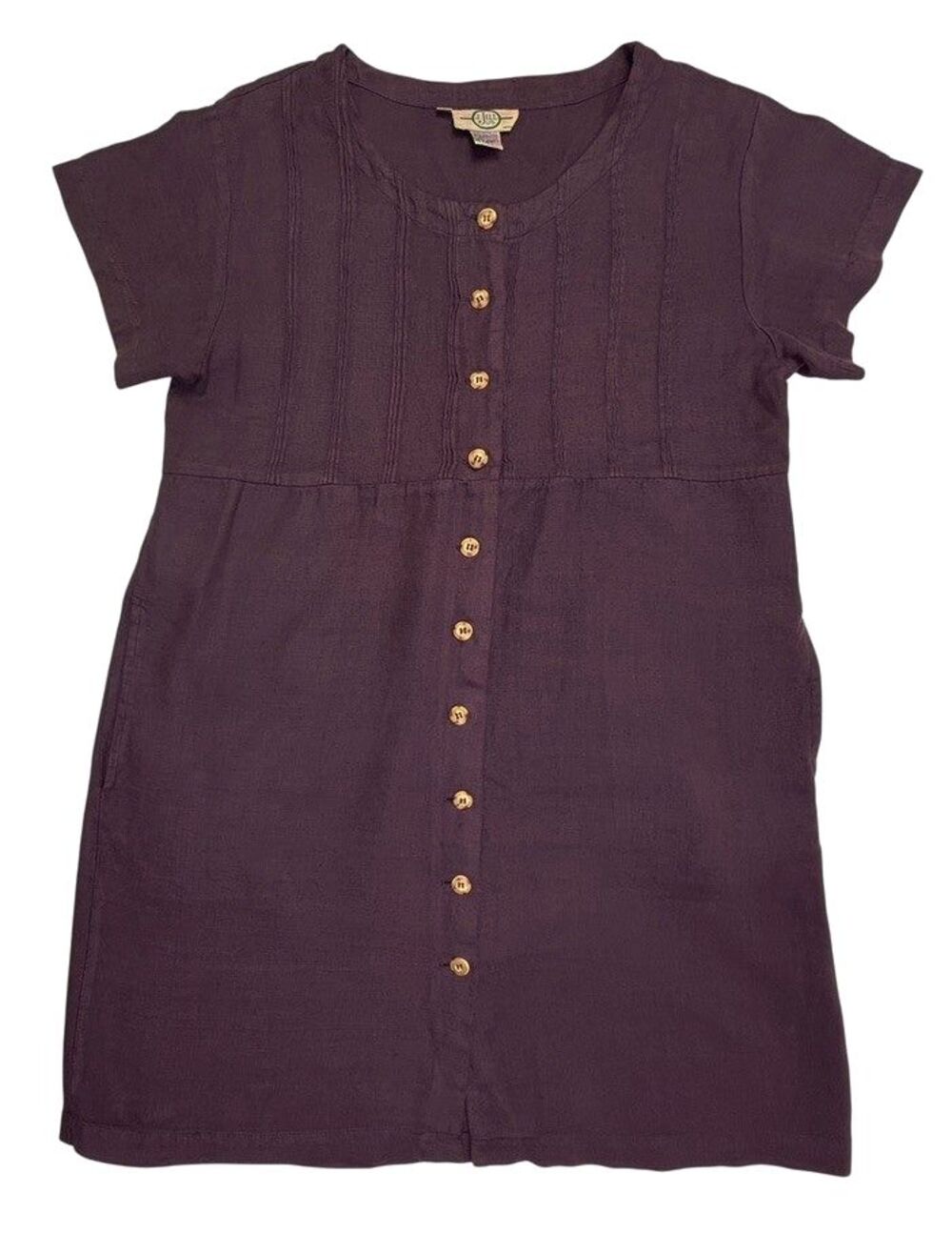 Vintage J Jill Limited Petite Large Linen Dress Plum Button Empire Waist Pintuck